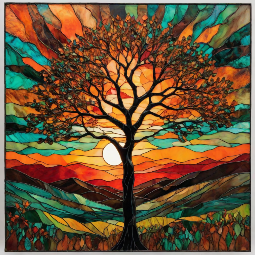 A vibrant abstract painting on Tiffany Glass, blending acrylic and alcohol ink techniques, captures a dramatic sunset over rolling hills. The artwork features a textured, rocky foreground in green and brown, layered abstract hills, and a striking sunset in rich oranges, yellows, and reds. A solitary black tree with intricate branches contrasts against the fiery sky, creating a dynamic and expressive portrayal of a breathtaking natural scene.