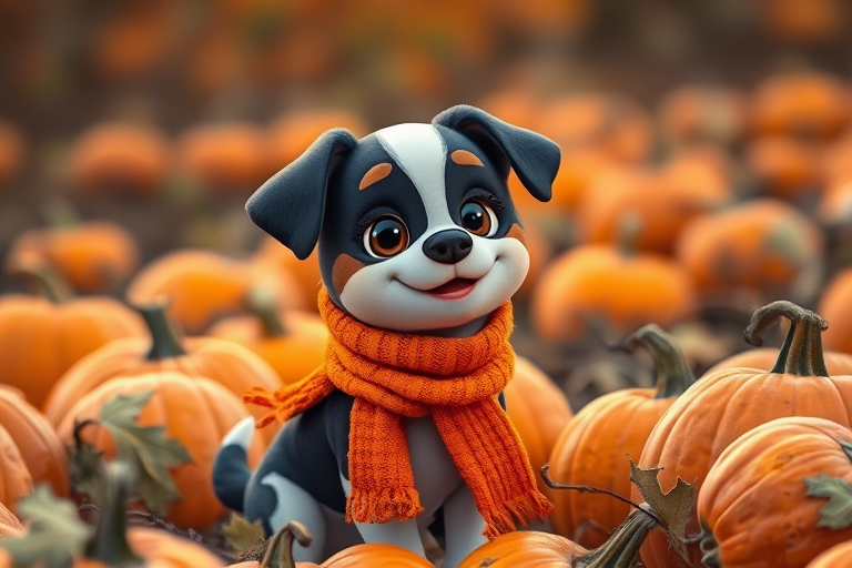 A cute cartoon dog with black and white patches wearing an orange scarf in a pumpkin patch during autumn, captured with a Canon EOS R5, 50mm lens, f/1.8 aperture, ISO 100, soft focus background and natural lighting for vibrant colors.