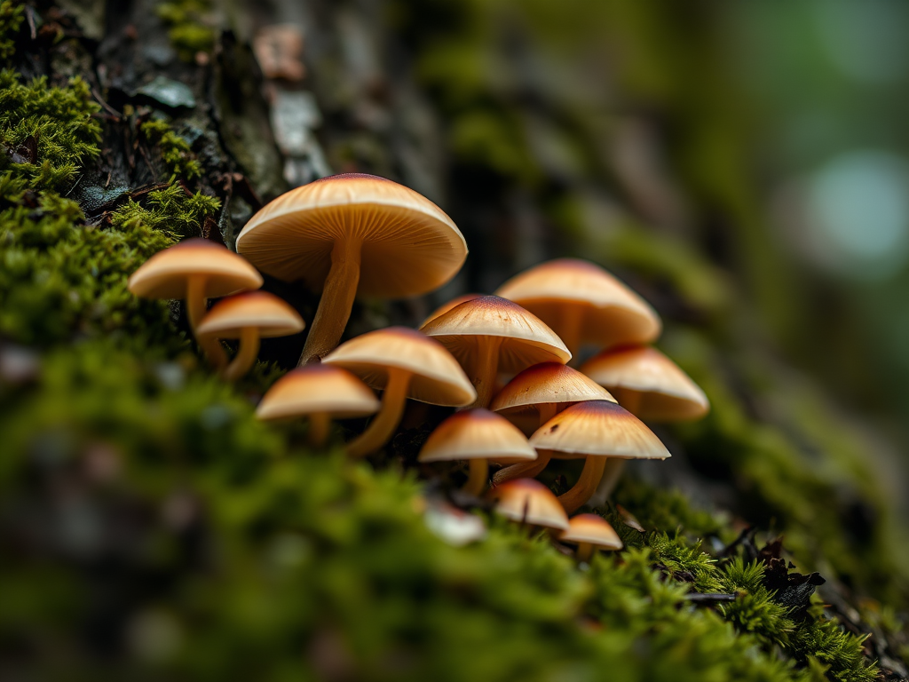 mushrooms growing on mossy tree bark, shallow depth of field, macro lens, f/2.8 aperture, 50mm focal length, ISO 200, natural soft lighting, focus on the foreground mushrooms with a blurred background
