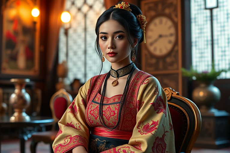 A beautiful Turkish woman in traditional East Asian attire, intricately detailed with embroidered patterns, sitting gracefully in a richly decorated room, soft ambient lighting, serene and elegant, ultra-realistic, 8K resolution
