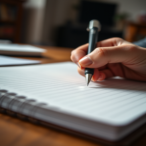 a close-up shot of a hand holding a pen over a blank lined notebook with a spiral binding, high dynamic range, f/2.8 aperture, 1/200 sec shutter speed, ISO 100, taken with a DSLR camera in a well-lit indoor environment, shallow depth of field to emphasize the writing hand