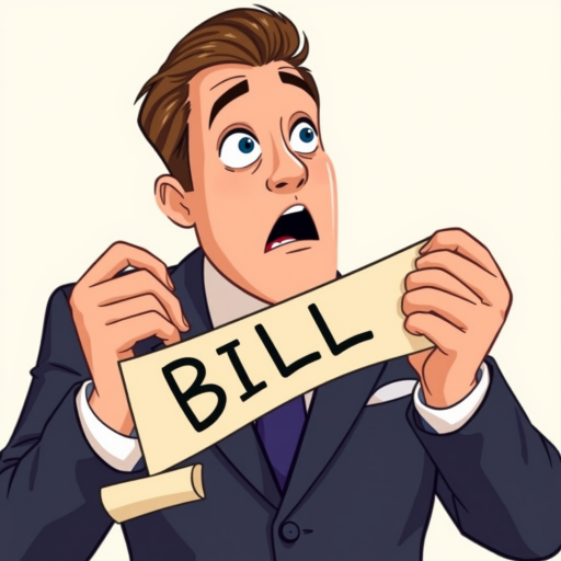 Create an illustration of a man in a suit looking surprised as he holds a long scroll labeled BILL, use a clean vector art style, set in a bright and minimalist background, camera settings: f/5.6, ISO 100, shutter speed 1/250s, camera view: eye level, camera style: front view, camera type: digital illustration.