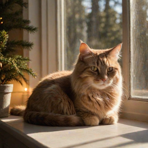 Warm, softly lit photo of a cat curled up on a windowsill, soft glow from the morning sun illuminating its fur, distant tree branches visible through the window, the sound of soft purring filling the room.