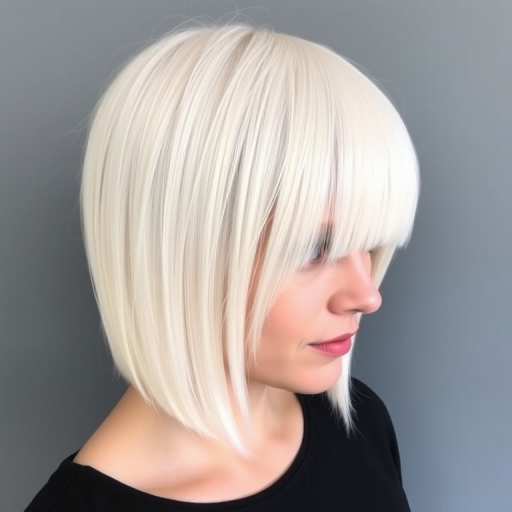 Minimalist hair style showcasing a sleek chin-length bob in a uniform platinum blonde hue with a razor-sharp middle part