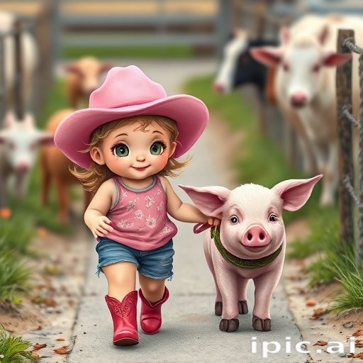 Create a glossy photorealistic airbrush alcohol ink chibi toddler with textured tousled blonde curly ringlets, wearing a pink floral tank top, distressed shorts, pink cowboy boots, pink cowboy hat. Smiling, She is walking her cute whimsical pet baby pig with slight smile and has a harness around it. They are walking down a path on a farm. There are other farm animals watching them as they walk.