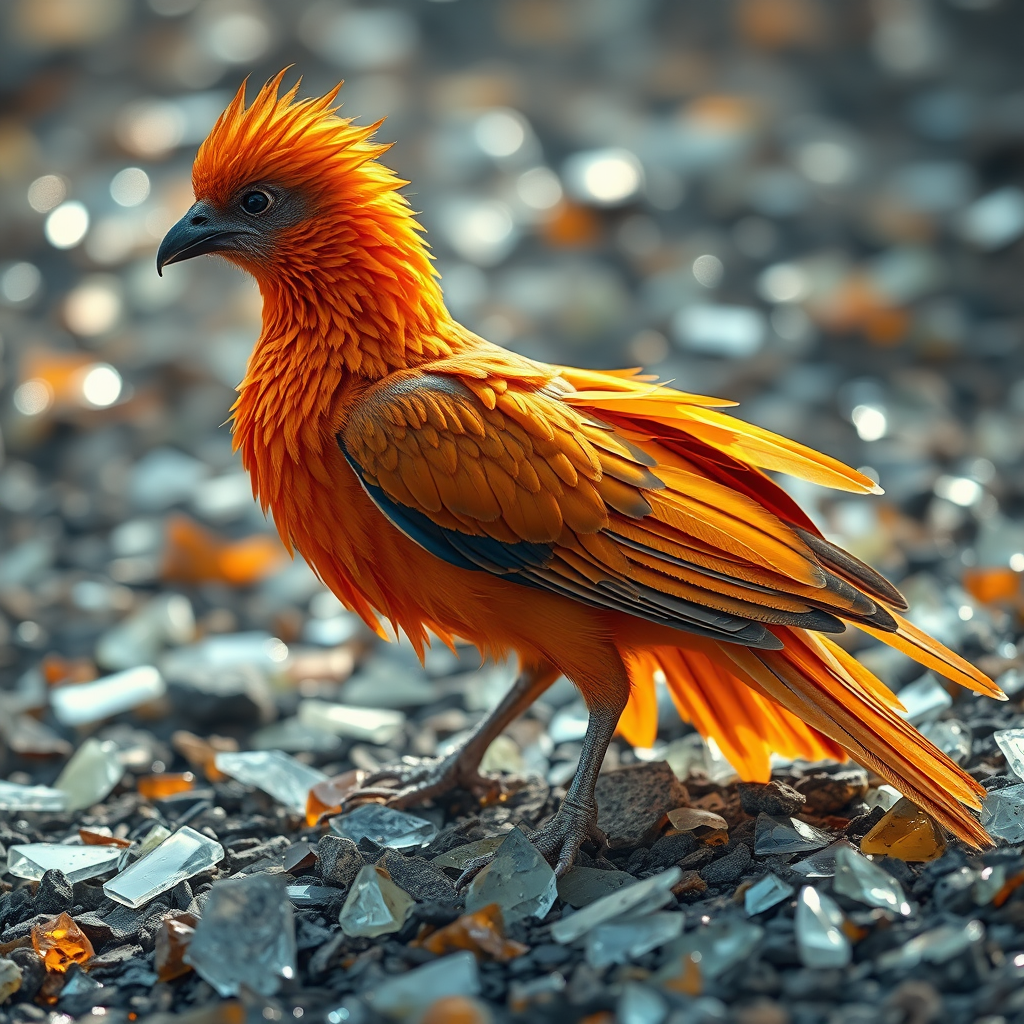 Regenerate an image of a fantastical bird resembling a phoenix with vibrant orange feathers and intricate scales, perched on a ground covered in shimmering shards of glass, captured in high detail with a Canon EOS R5, 50mm lens, f/1.8 aperture, ISO 100, under soft natural lighting for enhanced clarity and color vibrancy.