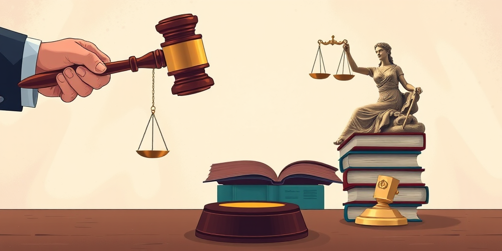 Create an illustration of a gavel being held above a table with a statue of Lady Justice and stacked law books, use a Canon EOS 5D Mark IV camera, aperture f/8, shutter speed 1/125, ISO 200, standard lens, top-down view for clarity and depth.