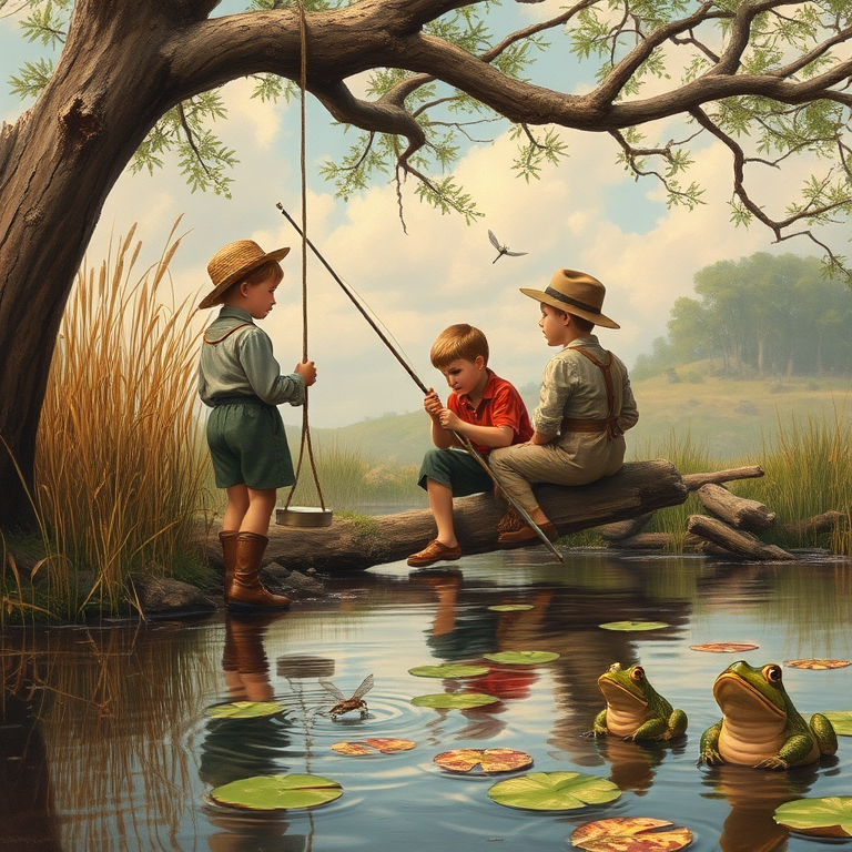 Imagine a small group of old fashioned young boys out fishing by the creek, a swing hanging from a tree branch, reeds and grasses by the water's edge, a frog sitting on a lily pad, dragonflies hovering over som water plans, a very iconic old fashioned scene reminiscent of a Norman Rockwell painting style