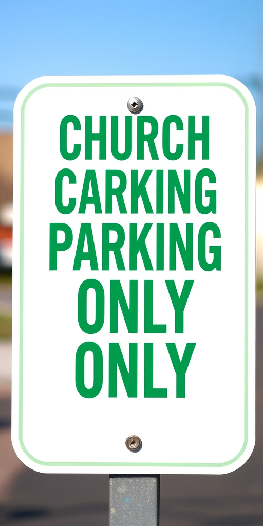 Create a high-resolution image of a "CHURCH PARKING ONLY" sign with green text on a white background, captured using a DSLR camera at f/4 aperture, 50mm lens, ISO 100, with a shallow depth of field for emphasis on the sign, frontal view, and natural daylight to enhance clarity.
