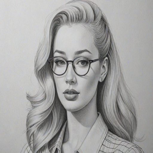 Fascinating Iggy Azalea, pencil sketch, portrait of Delightful woman 1947s in glasses, hair style beatnik, outline, clear lines, fine lines, 8k