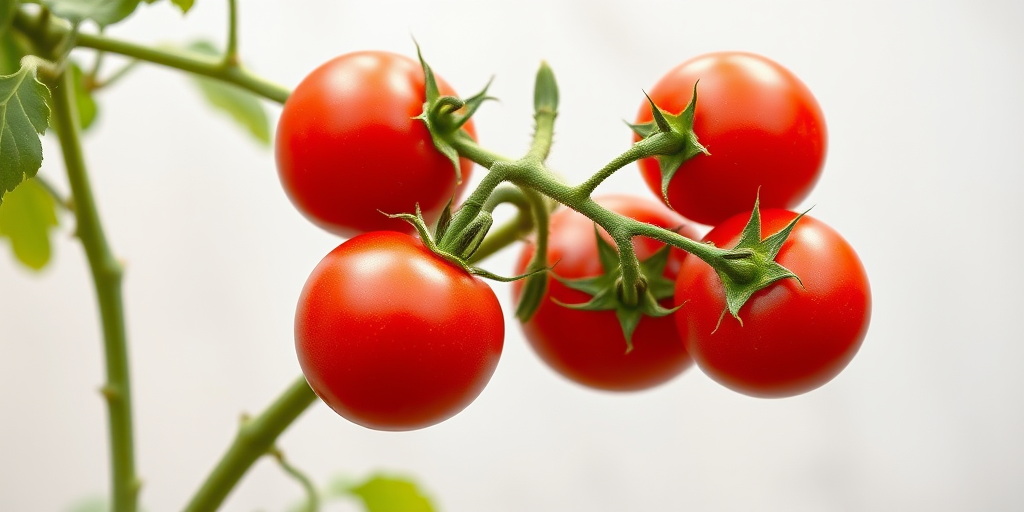 Create a high-resolution image of a tomato plant with vibrant red tomatoes on a green stem against a clear background, using a DSLR camera, aperture f/2.8, ISO 100, 50mm lens, with natural light to enhance color saturation and detail.