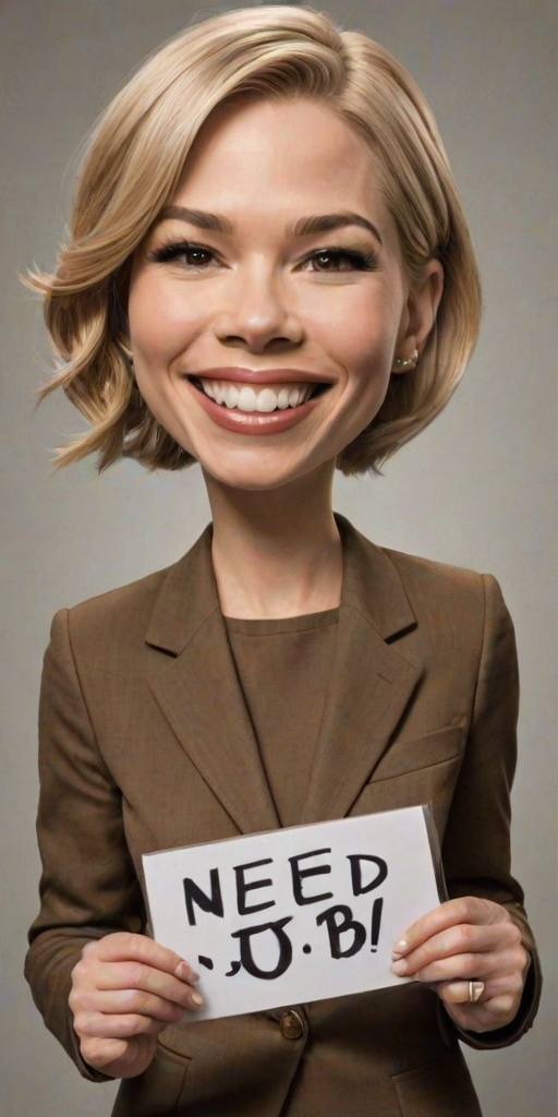 caricature of a smiling Michelle Williams in a Bronze dress or suit, holding up a sign that says "NEED A JOB", no watermark,