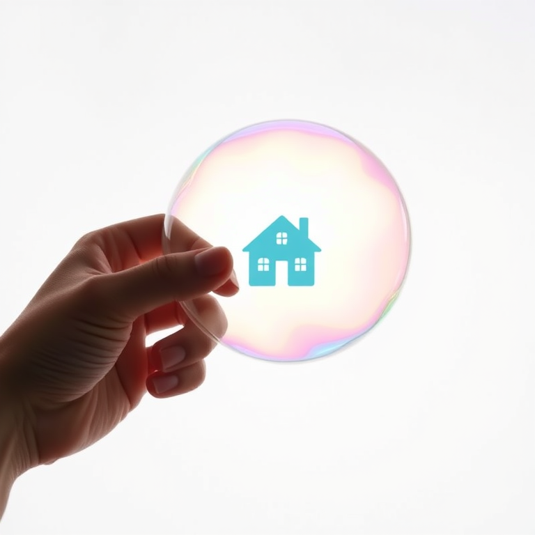 Create an image of a hand holding a large colorful soap bubble with a silhouette of a house inside, set against a plain white background, using a DSLR camera with a 50mm lens, aperture f/2.8, ISO 100, and natural soft lighting for enhanced clarity and vivid colors.