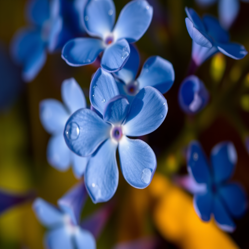 close-up of blue flowers with water droplets on petals, soft focus, f/4 aperture, ISO 100, 50mm lens, natural light, DSLR camera, high dynamic range, vibrant colors, enhance texture and detail