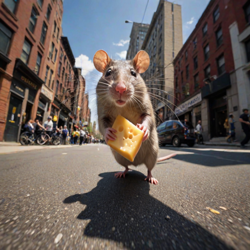rat holding cheese is (running:1.05) to the viewer, (motion blur:1.1), (police running:1.2), (dynamic:1.1), sun rays, newyork, (taken by go pro:1.3), (taken by 7.5mm fisheye lens:1.1)