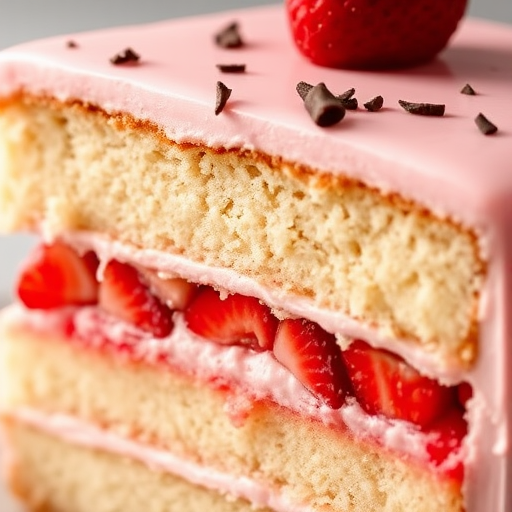 A close-up slice of a layered cake showcasing soft sponge layers filled with strawberries and pink frosting, topped with a light glaze and chocolate shavings, with a focus on its moist texture and vibrant colors.