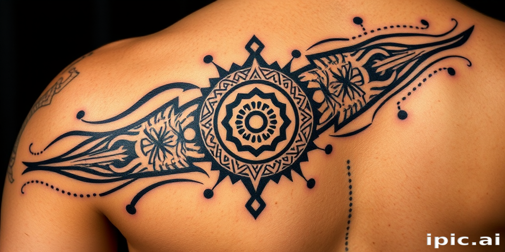 Tribal fusion tattoo called "Ancient Modernism" blending traditional tribal patterns with contemporary geometric shapes and dot work creating a unique hybrid style that bridges ancient and modern aesthetics