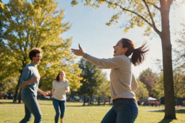 Blurry action shot of a woman playing frisbee with friends at a sunny park, laughter in the air as she leaps to catch the disc, with vibrant trees and a clear blue sky around.