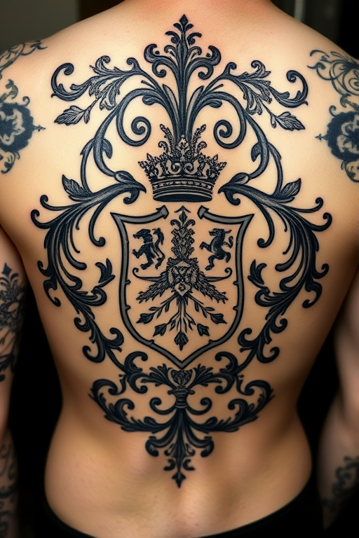 Ornamental blackwork tattoo dubbed "Royal Insignia" featuring elaborate filigree patterns and heraldic symbols reminiscent of medieval coats of arms