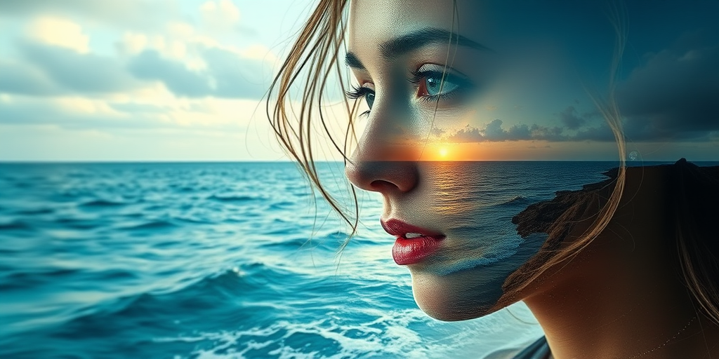 this image is Book cover, A surreal double exposure portrait that blends a woman's face with a beautiful seascape. The overall mood is dreamy and mystical, with rich colors and intricate details