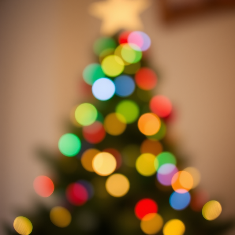 Create a festive bokeh background featuring a Christmas tree shape with colorful lights, using a lens aperture of f/1.8, shutter speed of 1/60 sec, ISO 200, taken from a low-angle, in a soft-focus style with a DSLR camera.