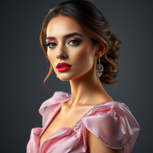 Studio portrait, female model, elegant couture dress, bold makeup, dramatic lighting, Utilize a 50mm portrait lens for crisp details and a soft background blur, 8k