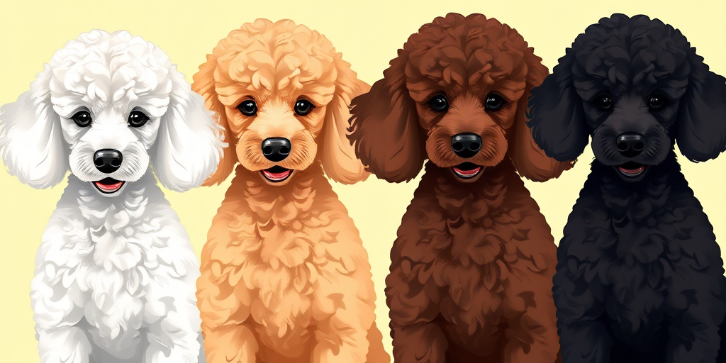 Create an illustration of poodles in different colors, showcasing a white, gray, apricot, brown, and black poodle side by side, with a bright, cheerful background, using a digital painting style; set the camera to macro lens, f-stop 2.8, 85mm focal length, and 300 DPI for high resolution.