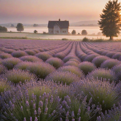 Soft-focus image of a field of lavender at sunrise, with soft golden light illuminating the delicate purple flowers, and a distant farmhouse barely visible through the morning mist.