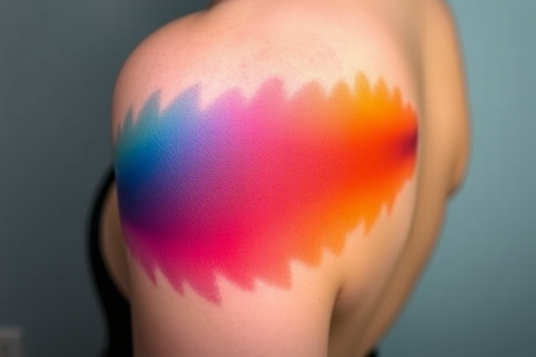 Gradient color tattoo titled "Spectrum Shift" featuring a smooth transition of vibrant hues across the design, creating a mesmerizing optical effect, celebrated for its modern and eye-catching appearance