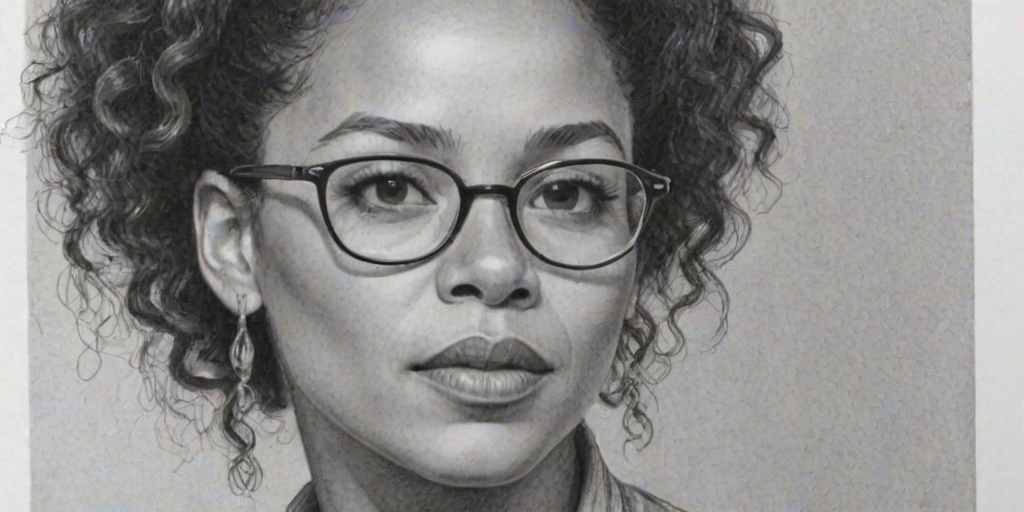 Exquisite Rae Dawn Chong, pencil sketch, portrait of Fascinating woman 1955s in glasses, hair style beatnik, outline, clear lines, fine lines, 8k