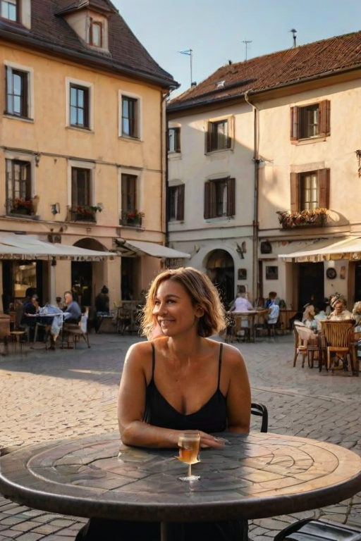 Charming village square, with a fountain in the center, and a woman sitting at an outdoor cafe, sipping wine as the sun sets behind the buildings.