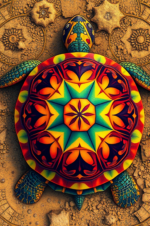 Create a vibrant illustration of a turtle with a kaleidoscopic shell design, high resolution 300 dpi, taken from a top-down view, using a DSLR camera with a macro lens at f/8, ISO 100, and natural lighting to enhance color saturation and detail.