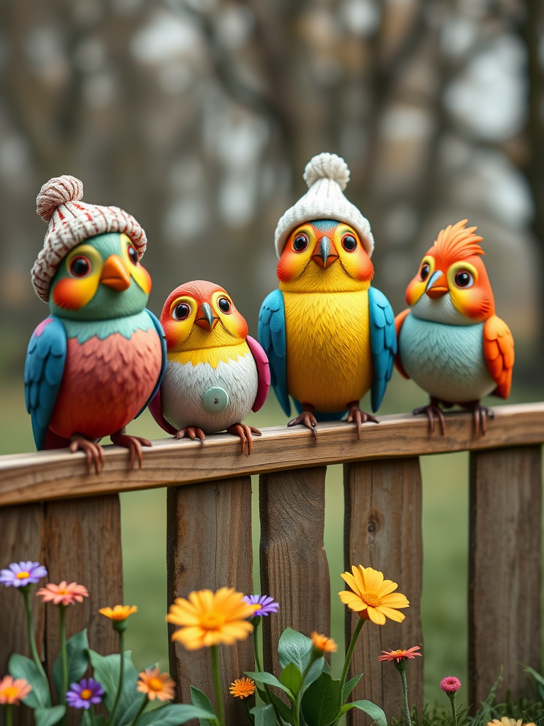 create a scene of 4 quirky  whimsical colourful comical birds each with a funny expression. they are sat on a wooden fence with colourful flowers. they are all different sizes. each one is a different colour  one is wearing a woolly hat. Each one has a different quirky google expression and there is a muted background of trees watercolour paintierly style high definition 8k resolution 3D paper mache