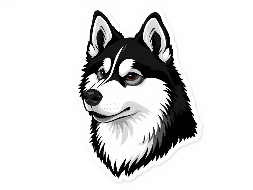 generate sticker, 3D black and white yakutian laika dog breed, black background