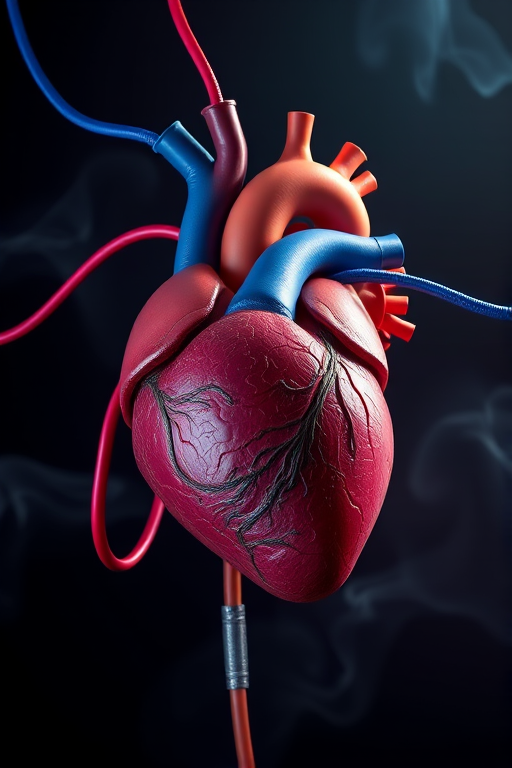 create a highly detailed digital illustration of a realistic human heart connected to various colored tubes, dramatic lighting with a soft glow effect, background featuring swirling smoke in dark tones, camera settings f/2.8, ISO 100, shutter speed 1/60s, captured with a DSLR camera from a slightly elevated angle, using macro lens for enhanced texture and depth