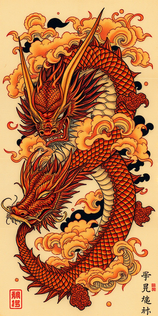 Japanese irezumi tattoo titled "Dragon's Breath" showcasing a fierce dragon with intricate scales and swirling clouds in rich shades of red gold and black covering a large area of skin