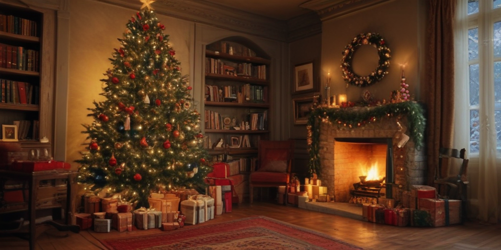 Cozy Christmas Living Room with Decorated Tree and Warm Fireplace