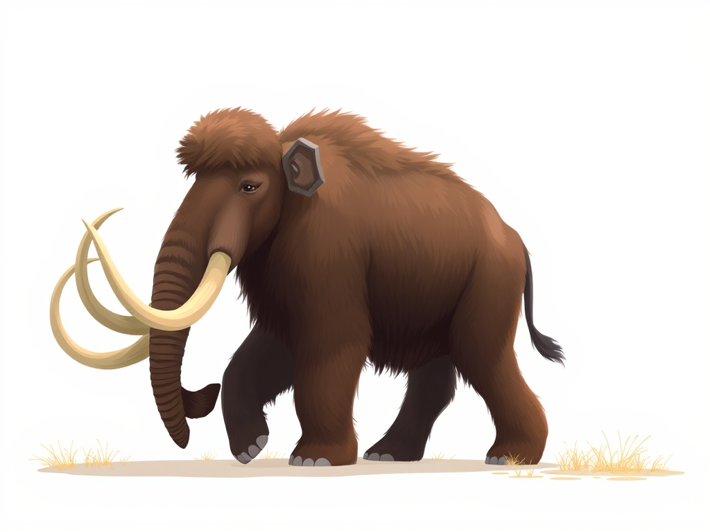Create a high-resolution illustration of a walking woolly mammoth, side view, soft color palette, using a DSLR camera with a 50mm lens, f/1.8 aperture, ISO 100, and natural lighting to enhance details and textures.