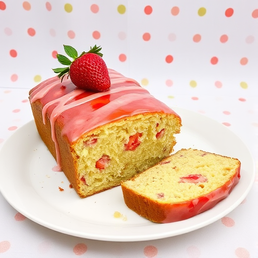 A beautifully presented loaf cake topped with a glossy strawberry glaze garnished with a fresh strawberry, sliced to reveal its moist interior, displayed on a simple white plate against a polka dot background.