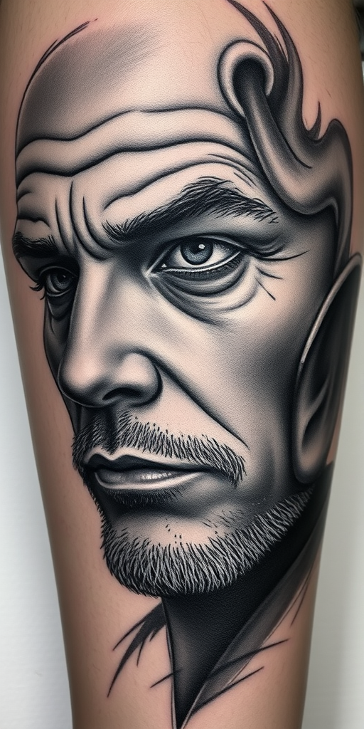 Realistic grayscale portrait tattoo showcasing hyper-detailed facial features, utilizing various shading techniques to create depth and dimension, capturing the subject's essence with lifelike precision