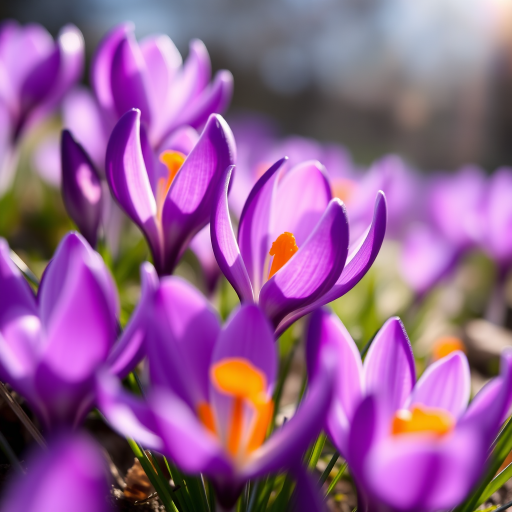 a vibrant close-up of purple crocus flowers under sunlight, shallow depth of field, aperture f/2.8, ISO 100, 50mm lens, natural light, macro photography
