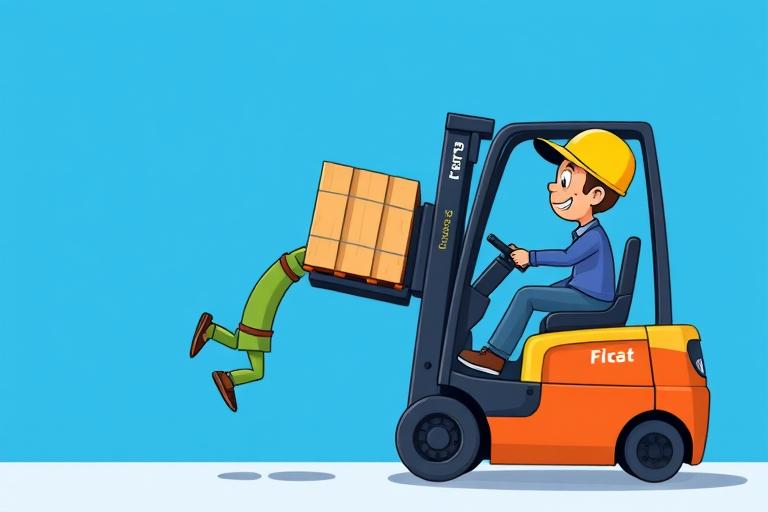 Create a colorful cartoon illustration of two characters, one driving a forklift and the other falling off the pallet, incorporate a vibrant blue background, use a Canon EOS R5 camera with 50mm f/1.2 lens, shoot in a slightly elevated angle for dynamic perspective, set ISO to 100, aperture to f/5.6, and shutter speed at 1/250s for crisp detail.