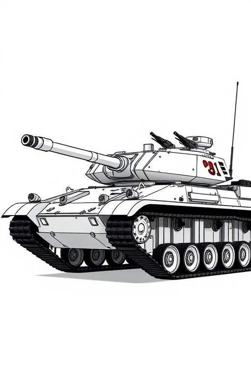 Create a high-resolution illustration of a military tank in profile view, using a Canon EOS 5D Mark IV, f/8 aperture, 1/250 shutter speed, ISO 100, with a focus on intricate details and sharp lines, emphasizing the vehicle's design against a clean white background.