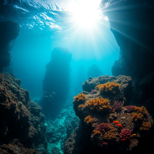 Underwater scene with sunlight filtering through water, showcasing rocky formations and vibrant marine life, shot with a Canon EOS R5, f/11 aperture, ISO 100, 1/60 sec shutter speed, wide-angle lens, capturing a serene and immersive underwater perspective.