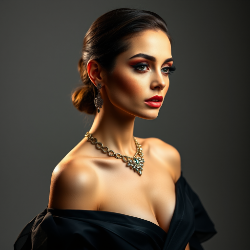Studio portrait, female model, elegant couture dress, bold makeup, dramatic lighting, Shoot over the shoulder using a telephoto lens to focus on small details like jewelry, makeup, or fabric textures