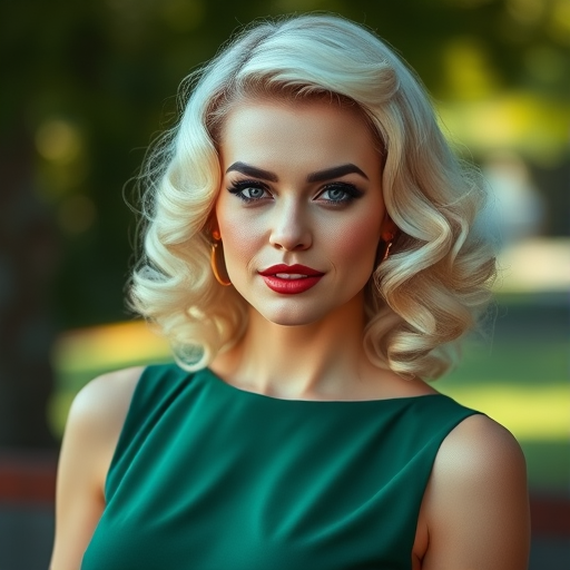 Create a vintage-style portrait of a glamorous woman with platinum blonde hair styled in soft curls wearing a green dress, using a DSLR camera at f/2.8, ISO 100, 50mm lens, natural lighting, shallow depth of field, and soft focus background to enhance image quality.