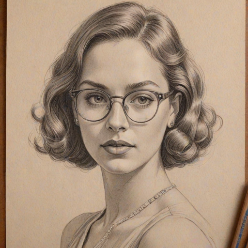 Stunning Dasha Polanco, pencil sketch, portrait of Magnificent woman 1933s in glasses, hair style beatnik, outline, clear lines, fine lines, 8k