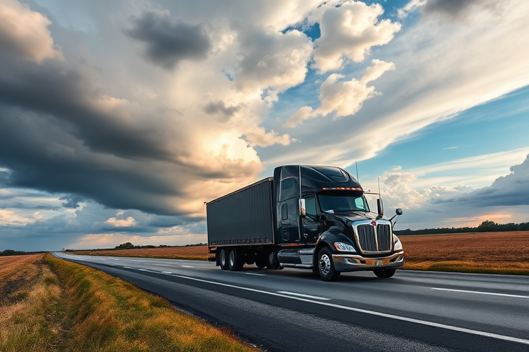 high-quality image of a black semi-truck on a rural highway under a dramatic sky with clouds, captured with a DSLR camera, 35mm lens, aperture f/8, ISO 100, shutter speed 1/250s, wide angle view, vibrant colors and sharp details