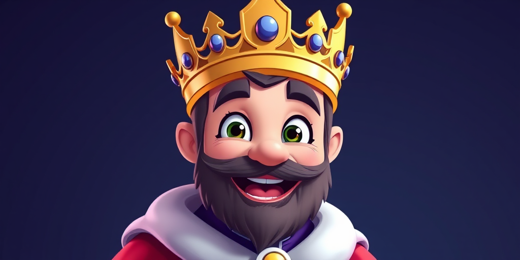 Create a vibrant and colorful illustration of a cartoon king character with a detailed crown, royal robe, and a friendly expression, using a DSLR camera with a 50mm lens at f/2.8, ISO 100, and a soft diffused lighting setup for enhanced clarity and depth.