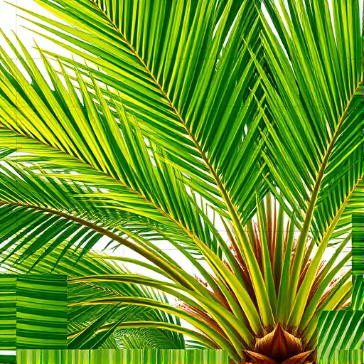 Create a highly detailed illustration of a tropical palm tree with lush green leaves, captured using a DSLR camera at f/2.8 aperture, ISO 100, 50mm lens, in natural sunlight to enhance color vibrancy and texture.
